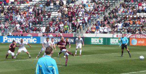 Conor Casey takes a free shot on goal after a foul in the season home opener against the Chicago Fire. This match ended in a 2-2 tie.