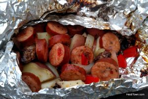 Camping at Echo Park in Dinosaur National Park. Tin foil dinner of sausage and potatoes. HeidiTown.com