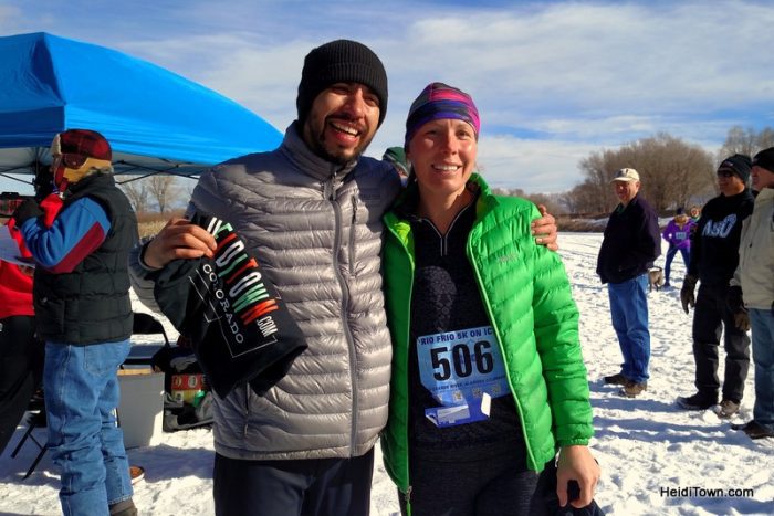 Overall Winners of the 2016 Rio Frio on Ice 5K, Amy Carpenter and Enrique Salcedo. HeidiTown.com